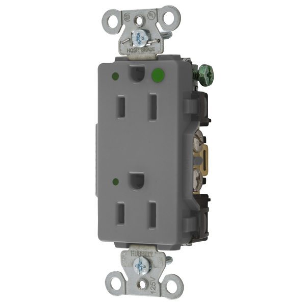 Hubbell Wiring Device-Kellems Straight Blade Devices, Decorator Duplex Receptacle, Hospital Grade, Hubbell-Pro, LED Indicator, 15A 125V, 2-Pole 3-Wire Grounding, 5-15R, Gray 2172GYL